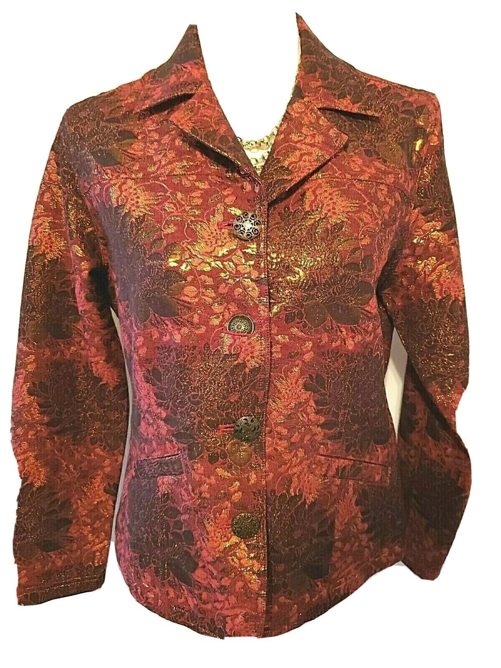 Chicos Womens Red Black Metallic 4 Button Shirt Blazer Jacket Size 1 M 8